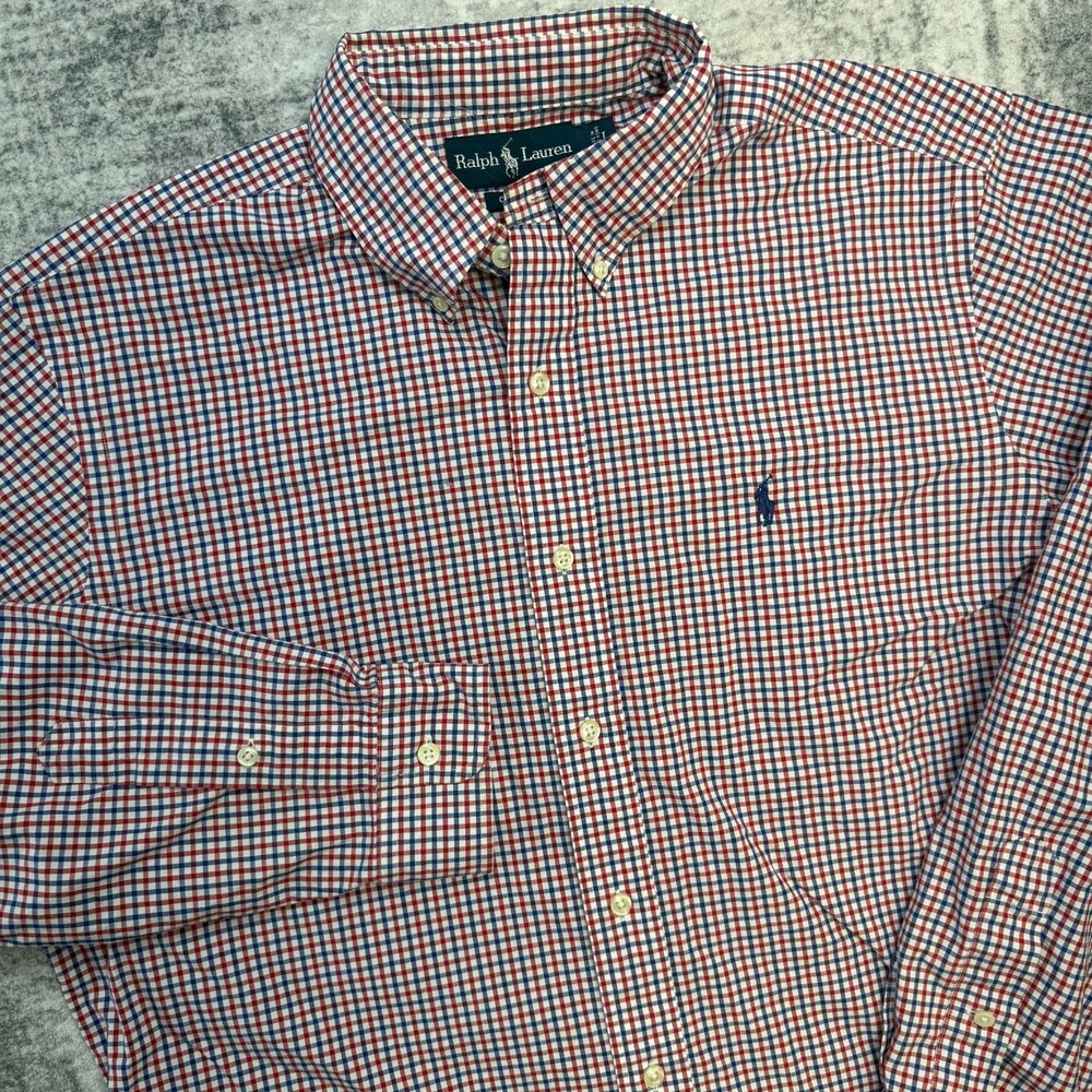 VTG Polo Ralph Lauren Shirt Mens Large Red White Blue Check Cotton Poplin Preppy